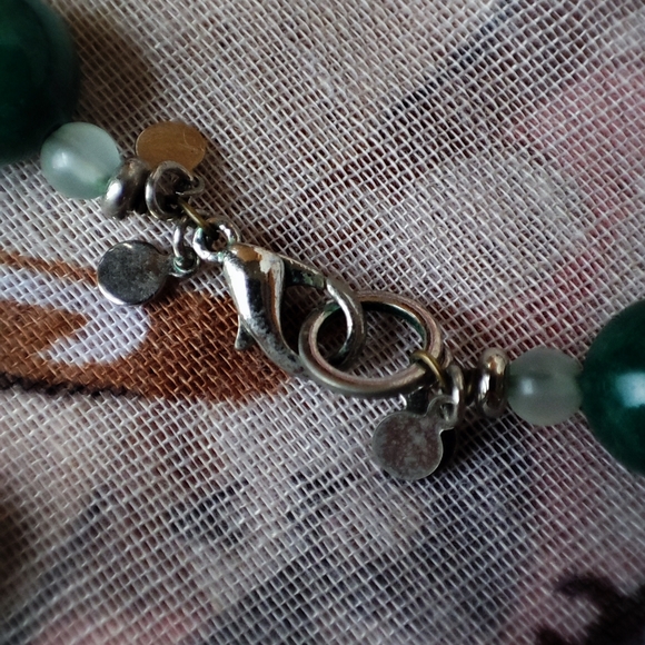 Round Green Jasper Stone Long Silver Tone Necklace Vintage Unsigned - Picture 5 of 6